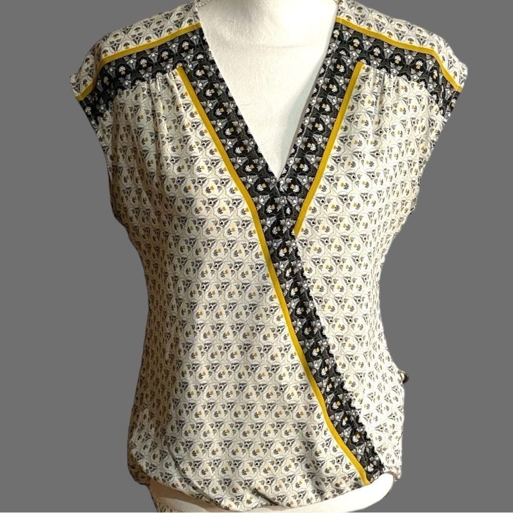 Max Studio Black, Gold & White Mixed Media Print Faux Wrap Sleeveless Top‎
